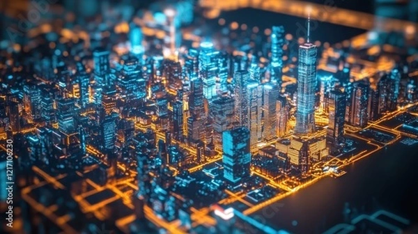 Fototapeta Illuminated Cityscape At Night Glowing Buildings And Roads