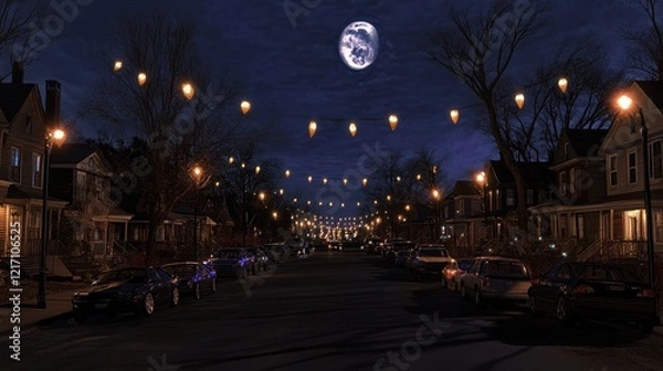 Fototapeta Nighttime Residential Street Scene Illuminated With Festive Lights