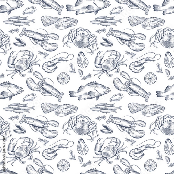 Obraz Seamless pattern with seafood in line art style. Vector illustration