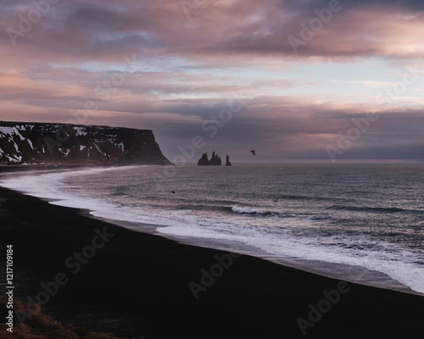 Fototapeta Reynisfjara black sand beach with Reynisdrangar sea stacks, South Iceland...