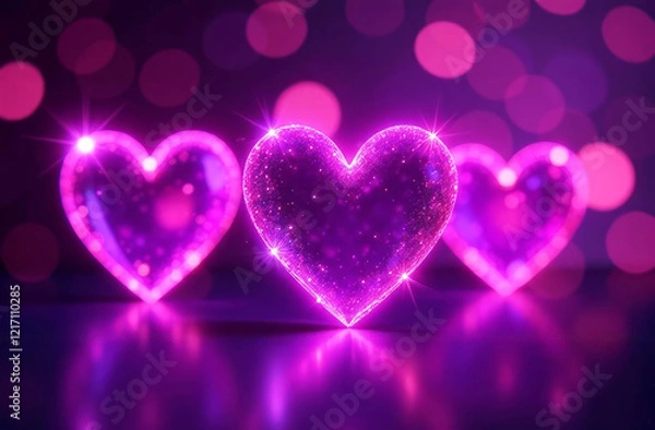 Fototapeta Neon purple pink harts shapes collection with various glowing effects, luminous outline, gleaming lines. Valentine's day.