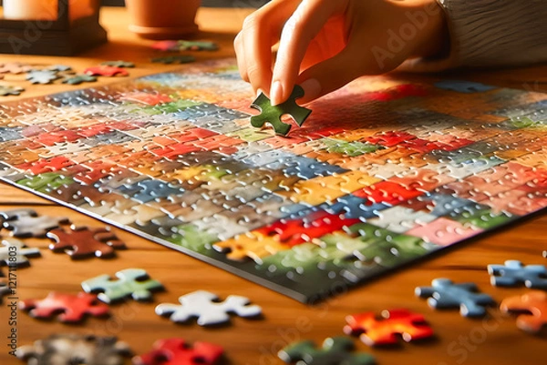 Fototapeta close-up Hands holding puzzle pieces in a fun learning jigsaw game