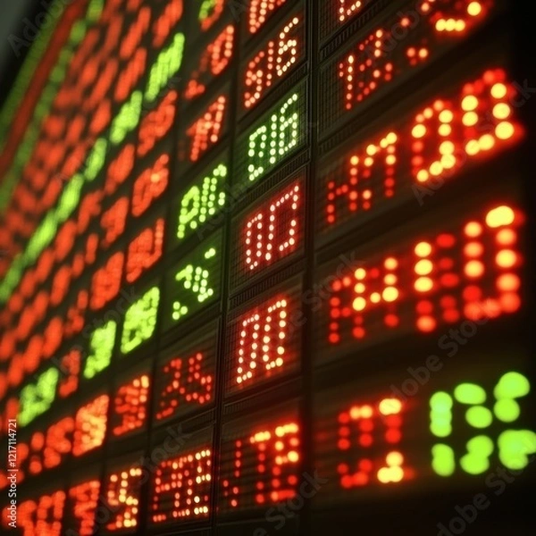 Obraz Financial market display with fluctuating numbers.