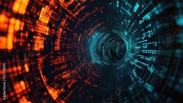 Fototapeta A digital tunnel with swirling blue and orange patterns, representing technology and data flow.