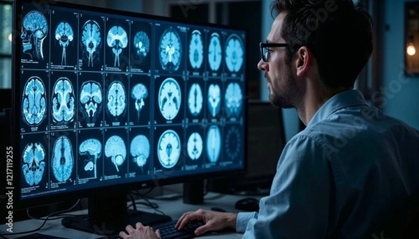 Fototapeta Medical professional analyzing brain scans for Alzheimer’s disease in modern lab