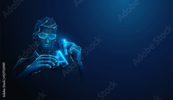Fototapeta Abstract illustration of low poly engineer putting together AI. Blue geometric background depicting artificial intelligence innovation technology development concept by wireframe mesh