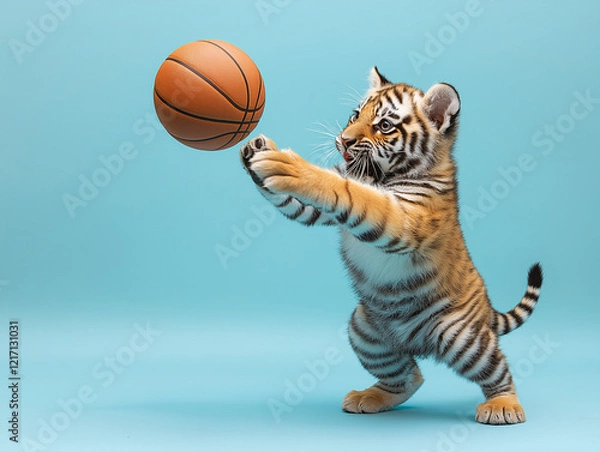 Obraz A standing tiger cub reaches out with its paws to catch an orange basketball, frozen mid-play against a pastel blue backdrop. Playful animal action shot full of fun and energy.