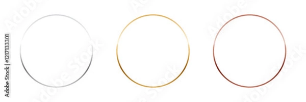 Obraz Gold, silver and bronze circle thin frames. Blank metal ring, button, stamp, sticker, label. First, second and third place medals isolated on transparent background. Abstract vector illustration set.