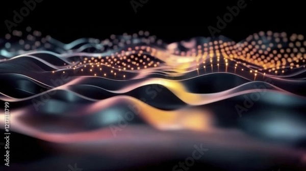Fototapeta Abstract wavy patterns with glowing dots in dark background