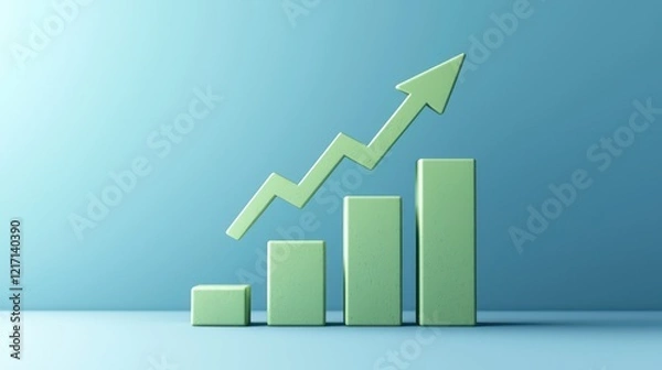 Fototapeta Simple, green-themed arrow cartoon above a bar graph, blue base.