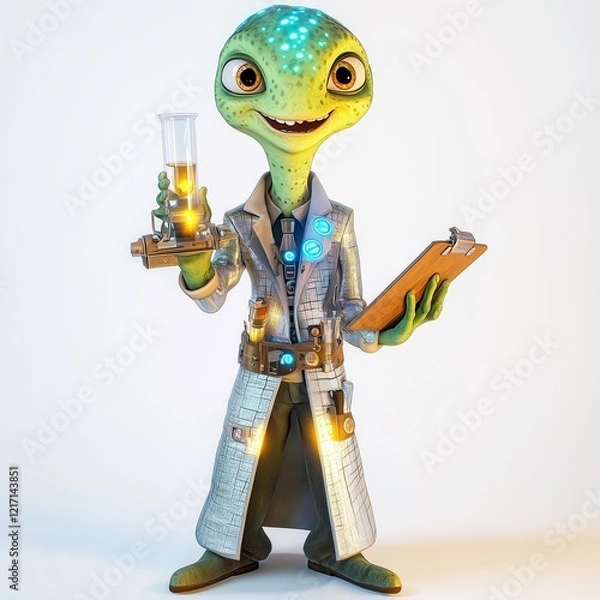 Obraz Quirky Alien Scientist Holding Test Tube and Clipboard in Lab Coat
