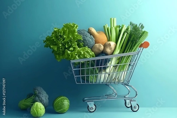 Obraz Shopping cart filled with fresh green vegetables