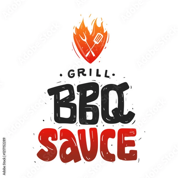 Fototapeta BBQ Sauce. Logo, label, sticker with bold text. Flaming heart grill icon featuring fork and spatula. Red gradient design. Vector file