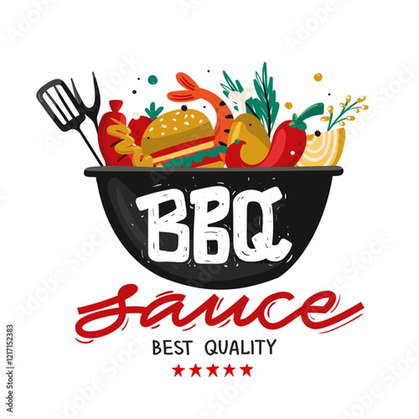 Fototapeta BBQ Sauce. Bold text in the silhouette of the grill bowl. Grill filled with ingredients for barbecue food weekend. Logo, label, sticker isolated background. Vector file