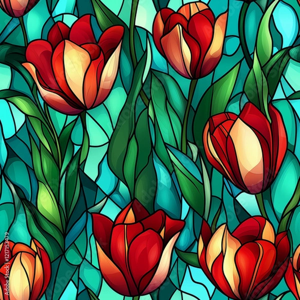 Fototapeta Seamless pattern, stained glass style featuring red tulip flowers with leaves on a bright green background