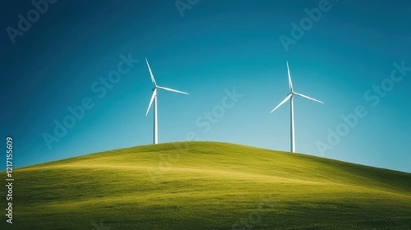 Fototapeta Two wind turbines stand on a green hill under a clear blue sky, symbolizing renewable energy and sustainability.