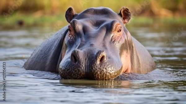 Fototapeta World Hippo Day Wild hippopotamus emerging from water in natural habitat