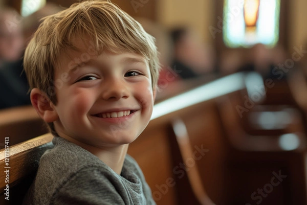 Fototapeta Happy child boy at chruch.