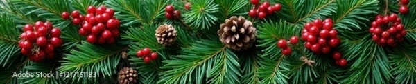 Fototapeta Evergreen branch wreath with red berries and pinecones, Christmas decorations, red berries, pinecones