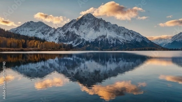 Fototapeta Majestic Reflection: A Serene Mountain Landscape at Dawn, Showcasing the Splendid Peaks and Tranquil Waters of Nature's Breathtaking