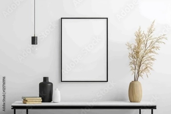 Fototapeta Minimalistic living room interior design with sofa, console, mock up poster frame, lamp and stylish personal accessories.