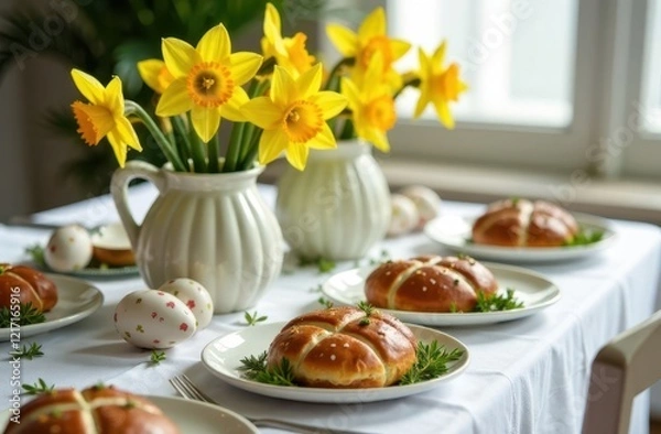 Obraz Easter. Hot cross buns, painted eggs, daffodil flowers, medium shot, selective focus