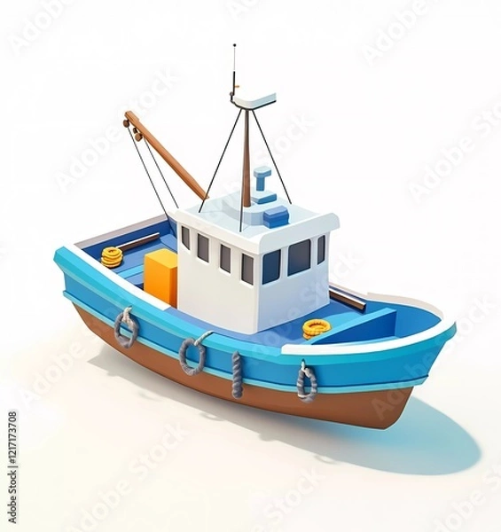 Fototapeta Simple cartoon blue and white fishing boat, isometric view, light background, 3D icon clay render, Blender. Minimalistic, simple design, soft shadows, low contrast, clean sharp focus, high-resolution 