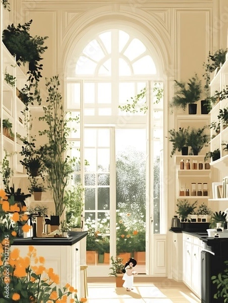 Fototapeta Sunlit Kitchen Garden: A Serene Child Amidst Blooming Plants