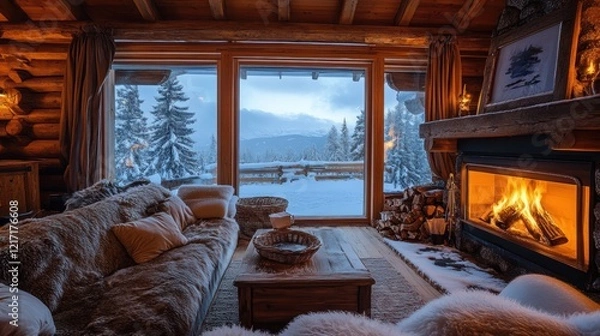 Obraz A cozy log cabin living room with a roaring fireplace, plush furniture, and a stunning view of snow-covered mountains.
