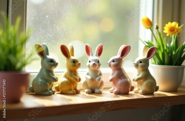 Obraz Ceramic Easter bunny, tulip flowers on windowsill. Decorations for Easter celebration at home. Soft focus.