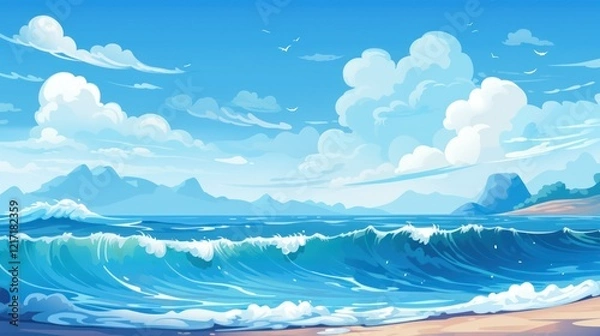 Fototapeta Ocean Scene Featuring Rolling Waves and Lush Mountains Under a Vibrant Blue Sky with Fluffy Clouds and Gentle Breezes at a Tranquil Beach Setting