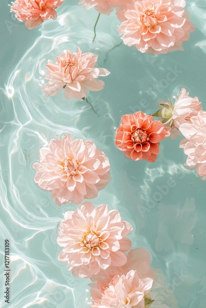 Fototapeta beautiful white and pink freesia flowers floating on the water in a pool