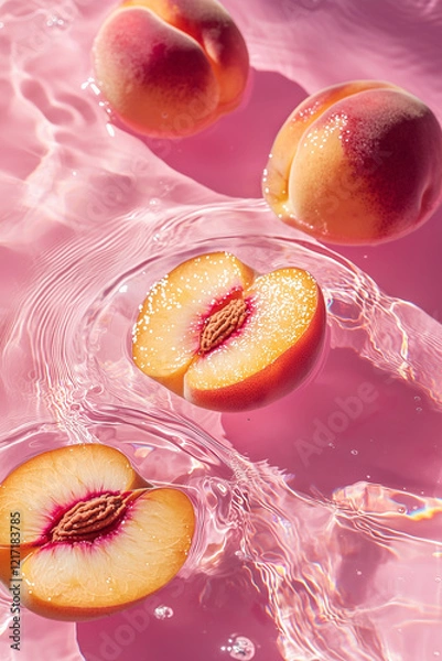Fototapeta juicy sliced peaches floating on the water, pink background