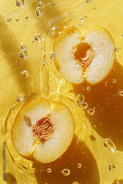 Fototapeta juicy sliced peaches floating on the water, yellow background