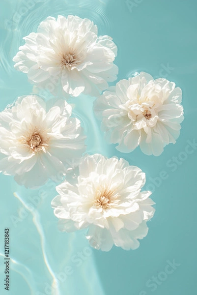 Fototapeta beautiful white peony flowers floating on the water in a pool