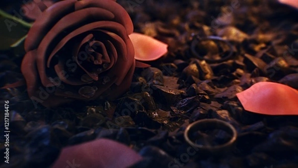 Fototapeta Close-Up of a Rosebud with Water Droplets on Gravel, Surrounded by Petals and Rings – Perfect for Romantic or Dramatic Themes