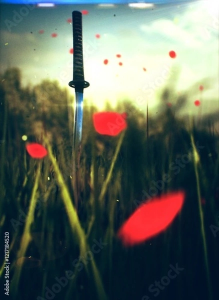 Fototapeta Katana in a Field of Poppies – Serenity and Symbolism