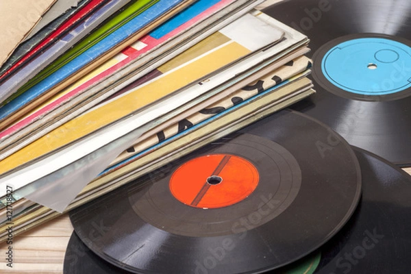 Fototapeta Vinyl record in front. vintage process. Copy space for text.