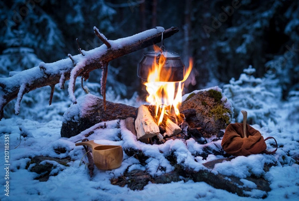 Fototapeta Coffee kettle hanging on a branch over a camp fire in a snow-clad forest