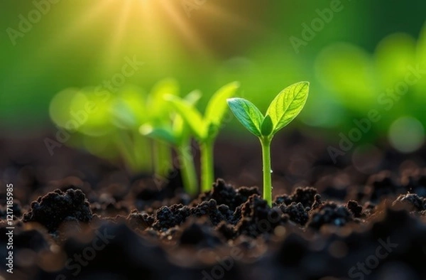Obraz small green plants are growing in the soil. Selective focus, blurred sunny background