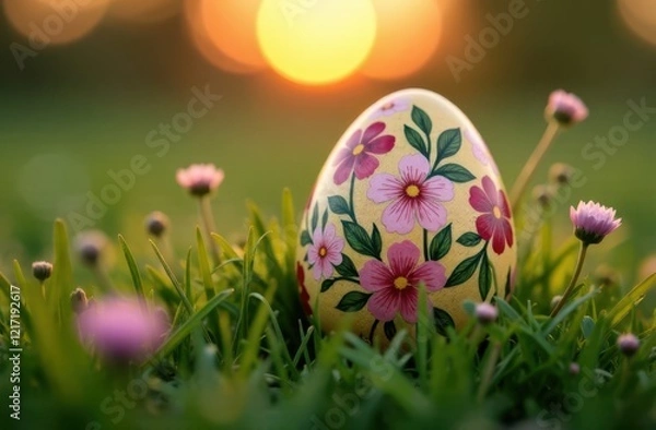 Obraz Happy Easter concept. Colorful easter eggs and one big green easter egg on spring green grass. 