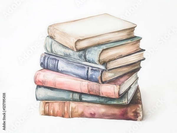 Fototapeta vintage leather-bound books stacked artistically, painted in ethereal watercolors with delicate ink details, soft pastel hues, floating on white background