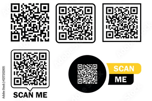 Obraz Collection of QR code designs for scanning, including modern black and white styles with "scan me" text for business, payment, and marketing purposes