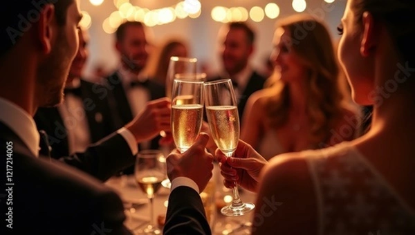 Obraz Attendees clinking crystal champagne flutes in celebratory toast under softly glowing lights Smiling diverse group attending an exclusive gala event