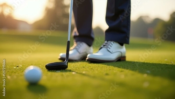 Obraz Close-up polished golf shoes firmly planted on tee ready for action Smiling Middle Eastern man golfing on a sunny day