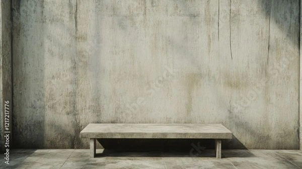 Fototapeta Minimalist concrete room with a simple table, showcasing natural light and shadows