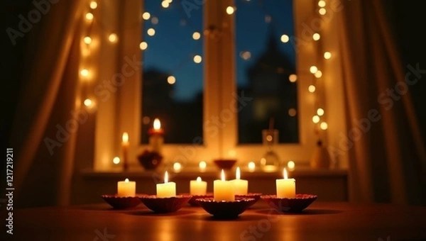 Obraz Panoramic view of home its windows glowing warmly with lit candles and string lights Smiling Middle Eastern family lighting candles for Diwali