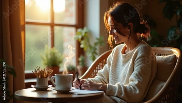 Obraz Steaming mug of herbal teresting on small side table its aromsoftly filling nook Smiling Caucasian woman journaling in a cozy nook