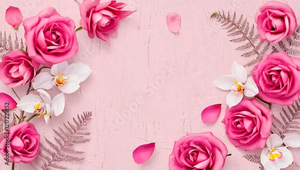Fototapeta Floral design on a pink background. A stylish celebration of femininity and empowerment. Elegant. Valentines day. Copy-space.