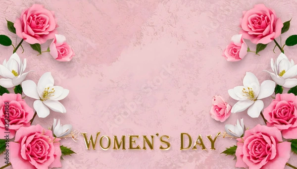 Fototapeta "Women's Day" text on a pink background. A stylish celebration of femininity and empowerment. Elegant. Floral. Design. copy-space.
